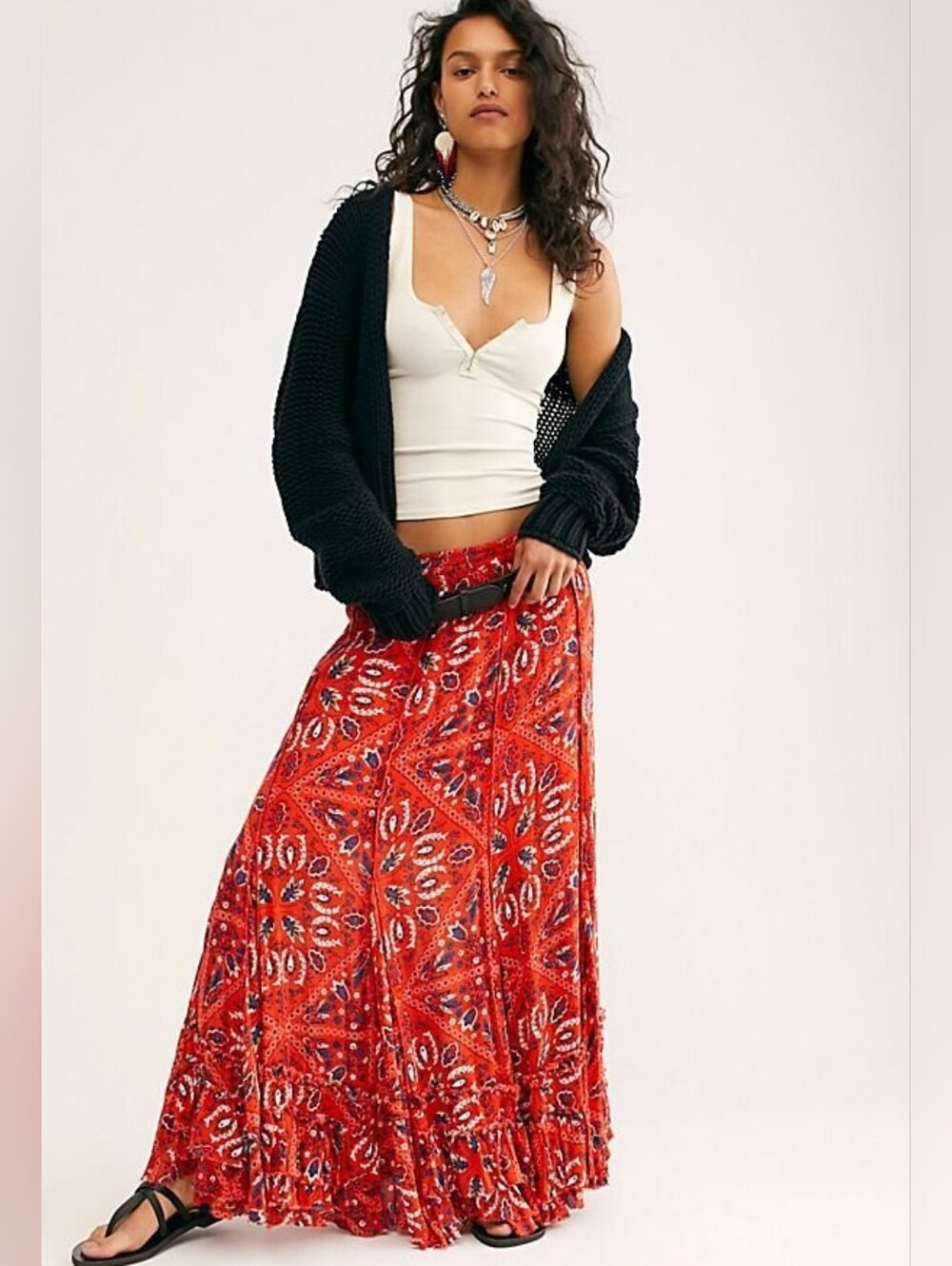 Free People Red Print CYPRESS Maxi Skirt Size Large New With Tags Boho Festival
